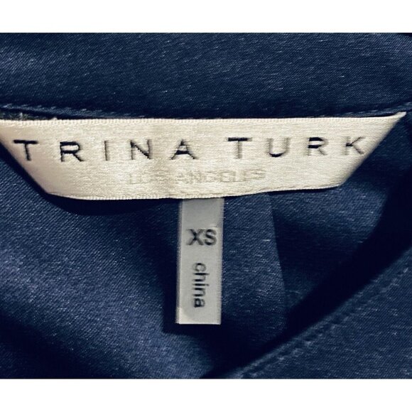 Trina Turk Top Womens XS Navy Blue Stretch Silk Satin Cut Out Pullover Flowy - Picture 4 of 7